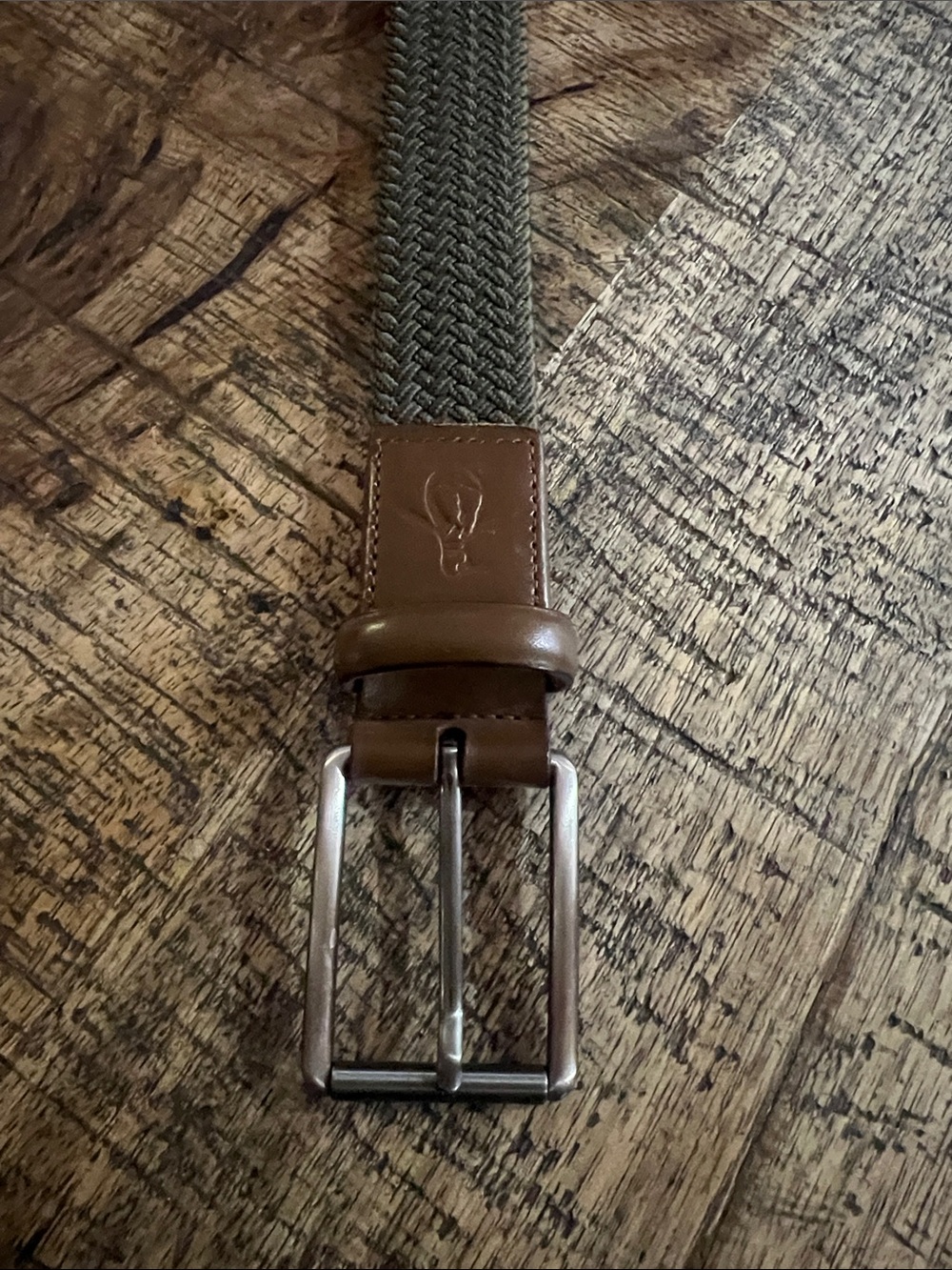 Original Penguin Olive Braided Elastic Belt with Brown Leather Trim - Picture 2 of 5